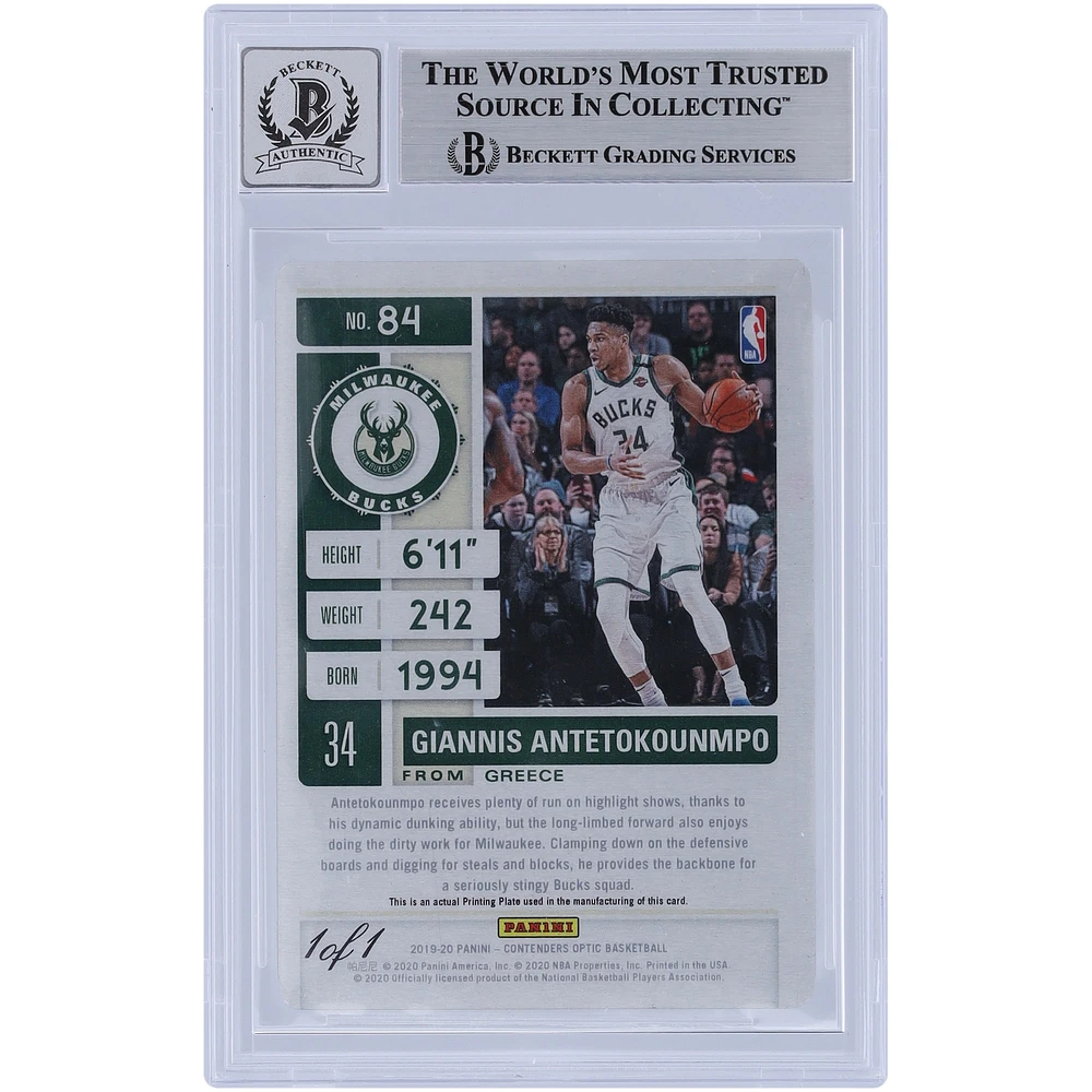 Giannis Antetokounmpo Milwaukee Bucks Autographed 2019-20 Panini Contenders Optic Printing Plate #84 #1/1 Beckett Fanatics Witnessed Authenticated 10 Card 