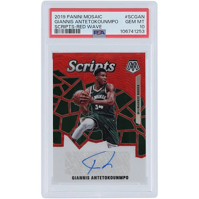Giannis Antetokounmpo Milwaukee Bucks Autographed 2019-20 Panini Mosaic Red Wave Mosaic #SC-GAN PSA Authenticated 10 Card