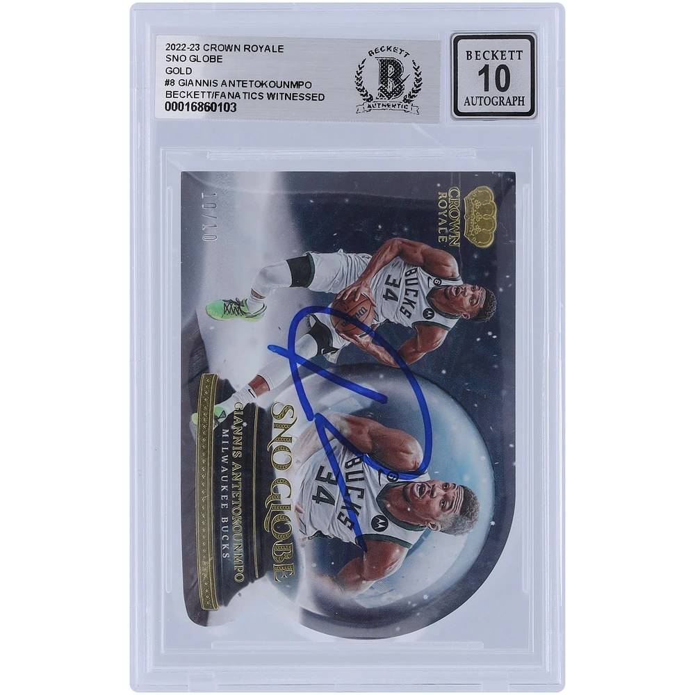 Giannis Antetokounmpo Milwaukee Bucks Autographed 2022-23 Panini Crown Royale Sno Globe Gold #8 #10/10 Beckett Fanatics Witnessed Authenticated 10 Card