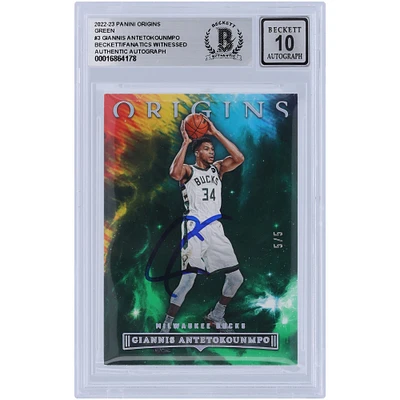 Giannis Antetokounmpo Milwaukee Bucks Autographié 2022-23 Panini Origins Vert #3 #5/5 Beckett Fanatics Witnessed Authenticated 10 Card