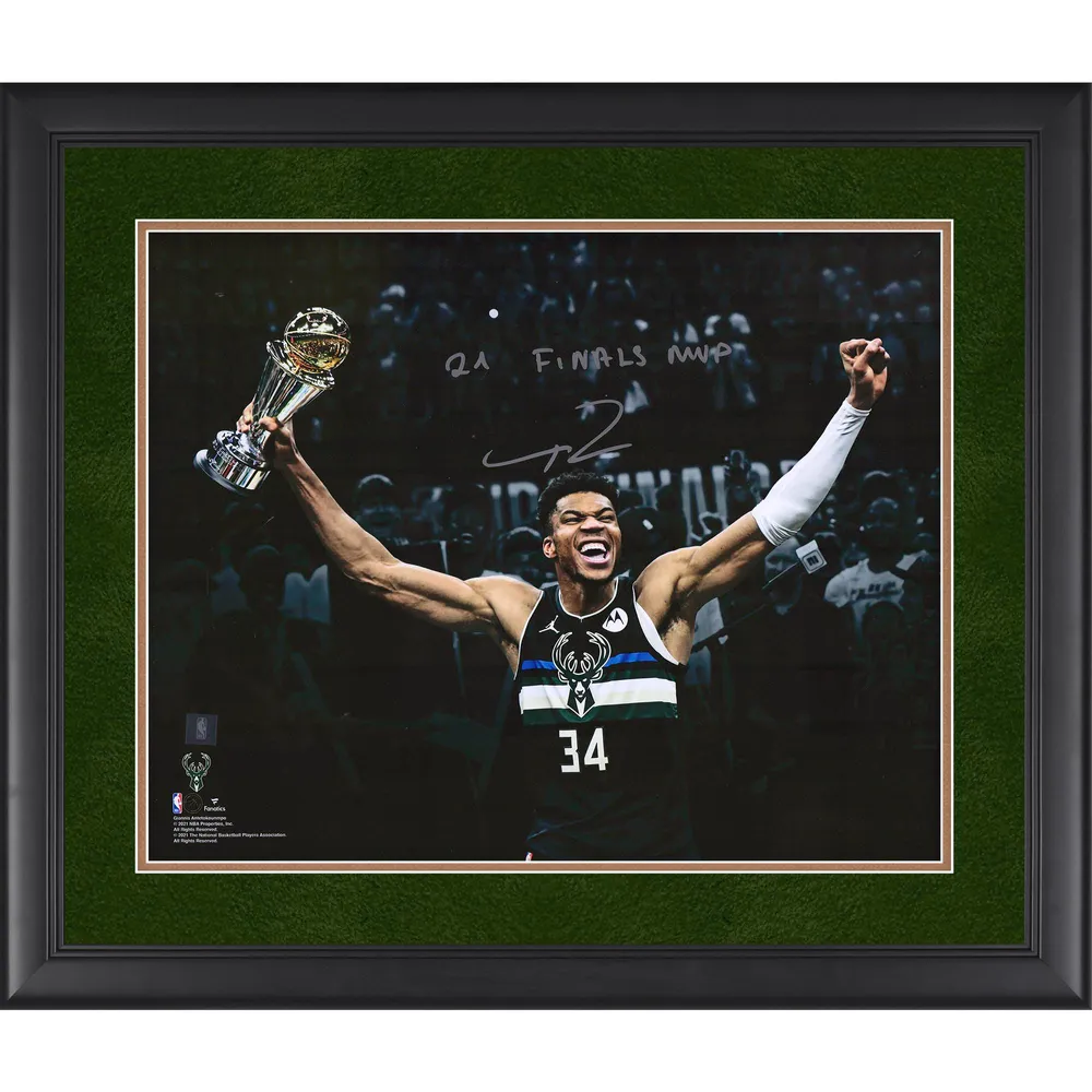 Giannis Antetokounmpo Milwaukee Bucks Autographed 16 x 20 2021 NBA Finals  Trophy Spotlight Photograph with 21 Finals MVP Inscription