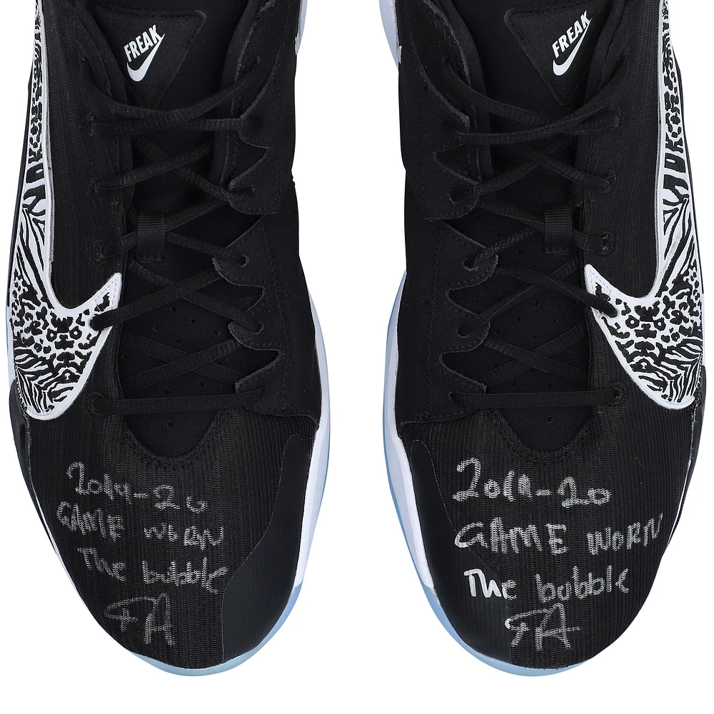 Giannis Antetokounmpo Milwaukee Bucks Autographed Game-Used Black Nike Shoes vs. Miami Heat on August 31 2020 with Multiple Inscriptions