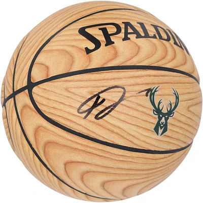 Giannis Antetokounmpo Milwaukee Bucks Autographed Spalding Woodgrain Logo Basketball 