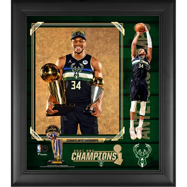 Giannis Antetokounmpo Milwaukee Bucks Unsigned 2021 NBA Finals Larry O'Brien Trophy and Bill Russell MVP Photograph