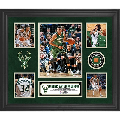 Giannis Antetokounmpo Milwaukee Bucks Framed 5-Photo Collage with a Piece of Team-Used Basketball
