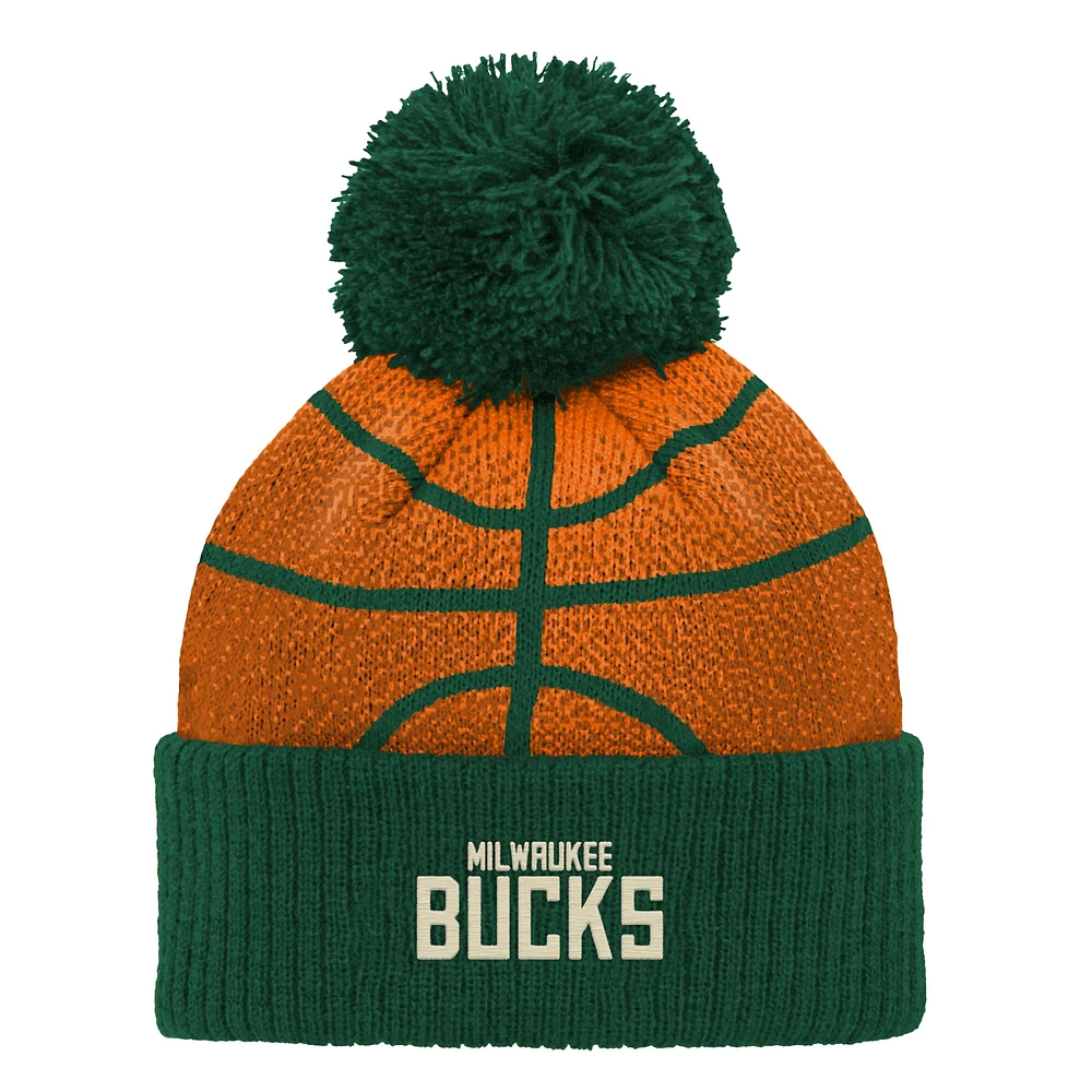 Bonnet tricoté à revers avec pompon pour bébé, motif de basket-ball Milwaukee Bucks, vert chasseur