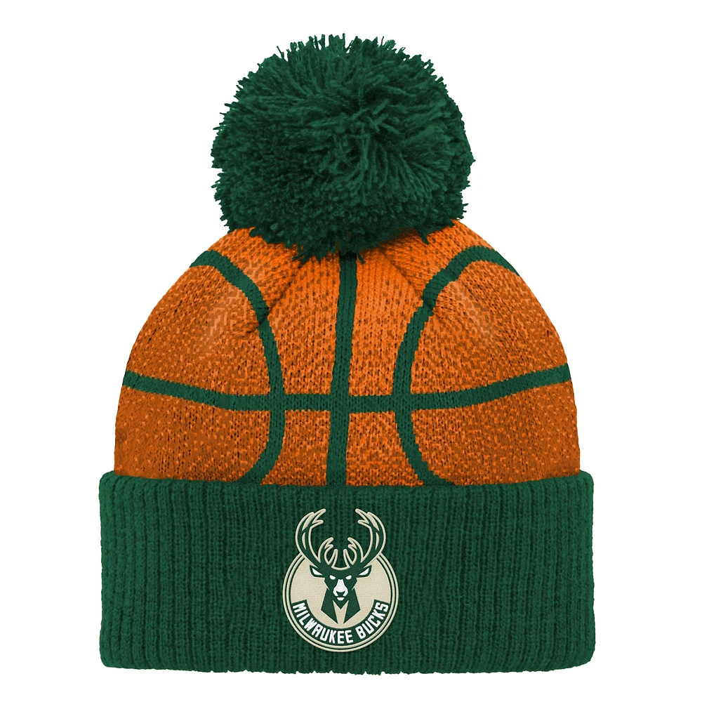 Bonnet tricoté à revers avec pompon pour bébé, motif de basket-ball Milwaukee Bucks, vert chasseur