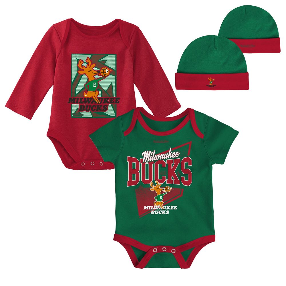 Infant Mitchell & Ness Hunter Green/Red Milwaukee Bucks Hardwood Classics Bodysuits Cuffed Knit Hat Set