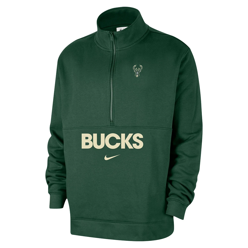Veste demi-zip Nike Hunter Green Milwaukee Bucks Courtside Club pour homme