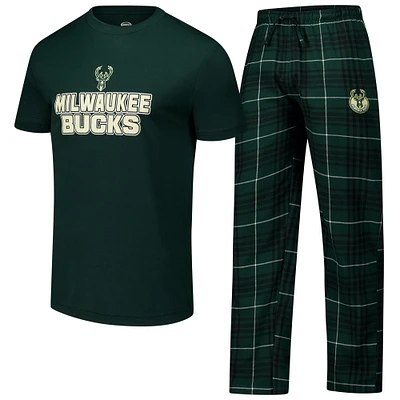 Ensemble de nuit pour homme avec t-shirt et pantalon en flanelle Milwaukee Bucks Vector Hunter Green/Black Concepts Sport