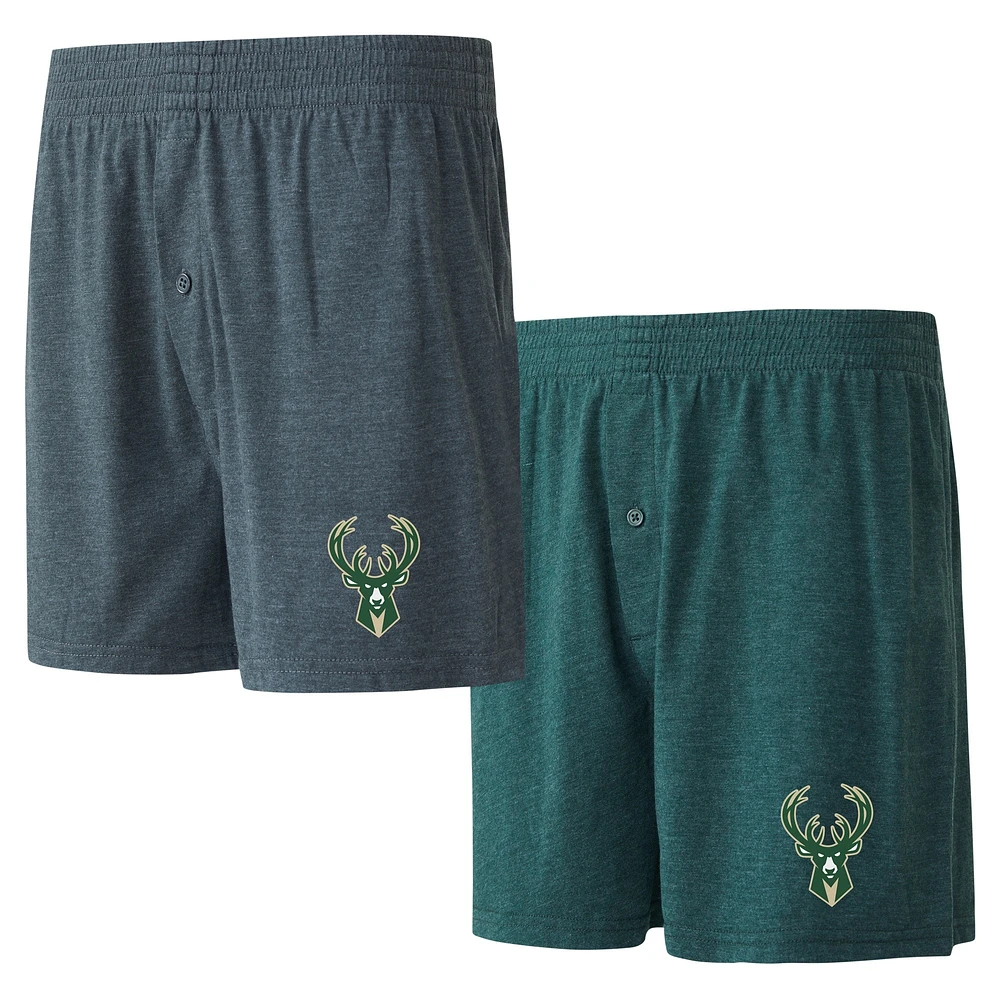 Ensemble de deux boxers en tricot jersey Concepts Sport Hunter vert/charbon Milwaukee Bucks pour hommes