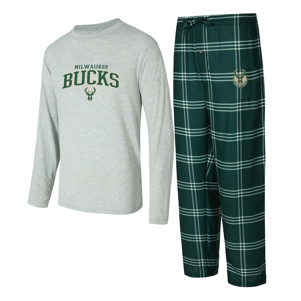 Ensemble t-shirt à manches longues et pantalon carreaux Milwaukee Bucks Petition pour homme Concepts Sport Hunter Green/Gray