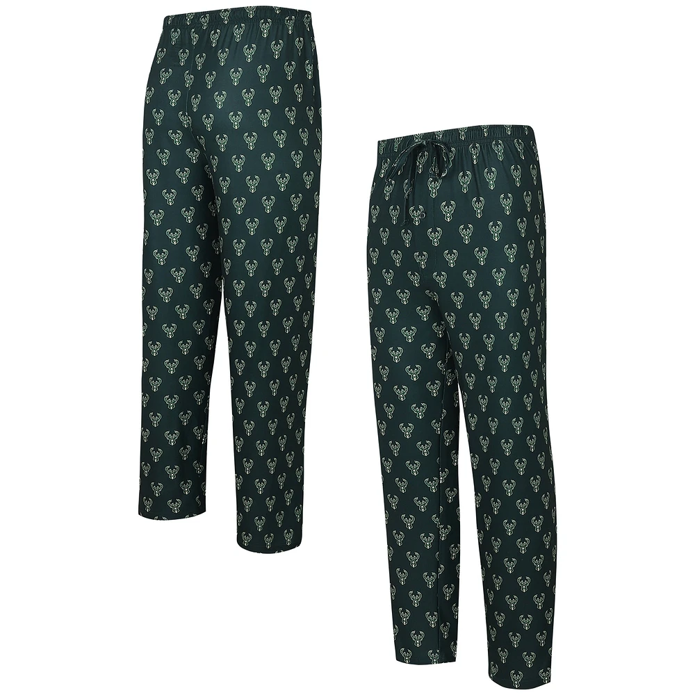 Pantalon de nuit Concepts Sport Hunter Green Milwaukee Bucks avec logo imprimé sur toute la surface pour hommes