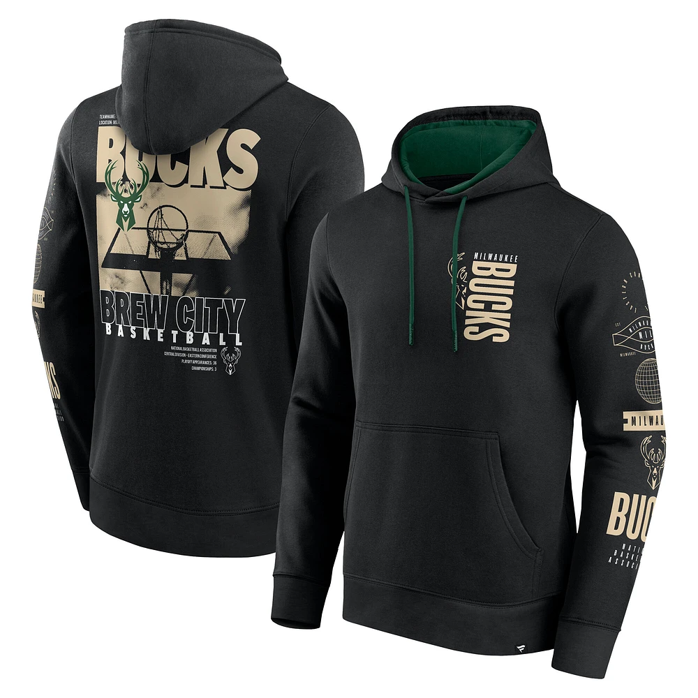 Sweat à capuche croisé Game Time pour homme Fanatics Black Milwaukee Bucks