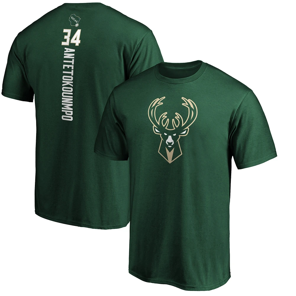 T-shirt avec nom et numéro de meneur jeu fanatiques pour hommes Giannis Antetokounmpo Hunter Green Milwaukee Bucks