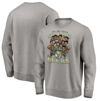 Sweat-shirt à capuche pour hommes Fanatics Heather Gray Milwaukee Bucks Champions de la finale NBA 2021 - Team Caricature Roster