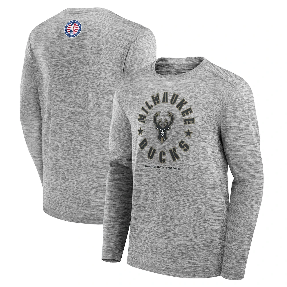 Men's Fanatics Heather Gray Milwaukee Bucks NBA Hoops for Troops Long Sleeve T-Shirt