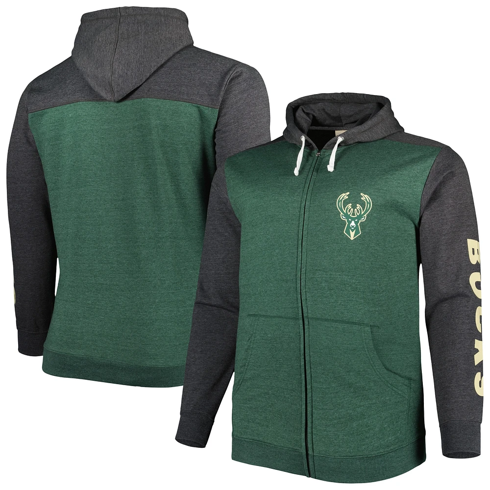 Sweat à capuche entièrement zippé pour hommes Fanatics Heathered Hunter Green/Heathered Black Milwaukee Bucks Big & Tall Down and Distance