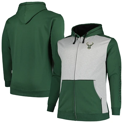 Fanatics Hunter Green/Heather Grey pour hommes Milwaukee Bucks Big & Tall Sweat à capuche entièrement zippé avec coutures contrastées