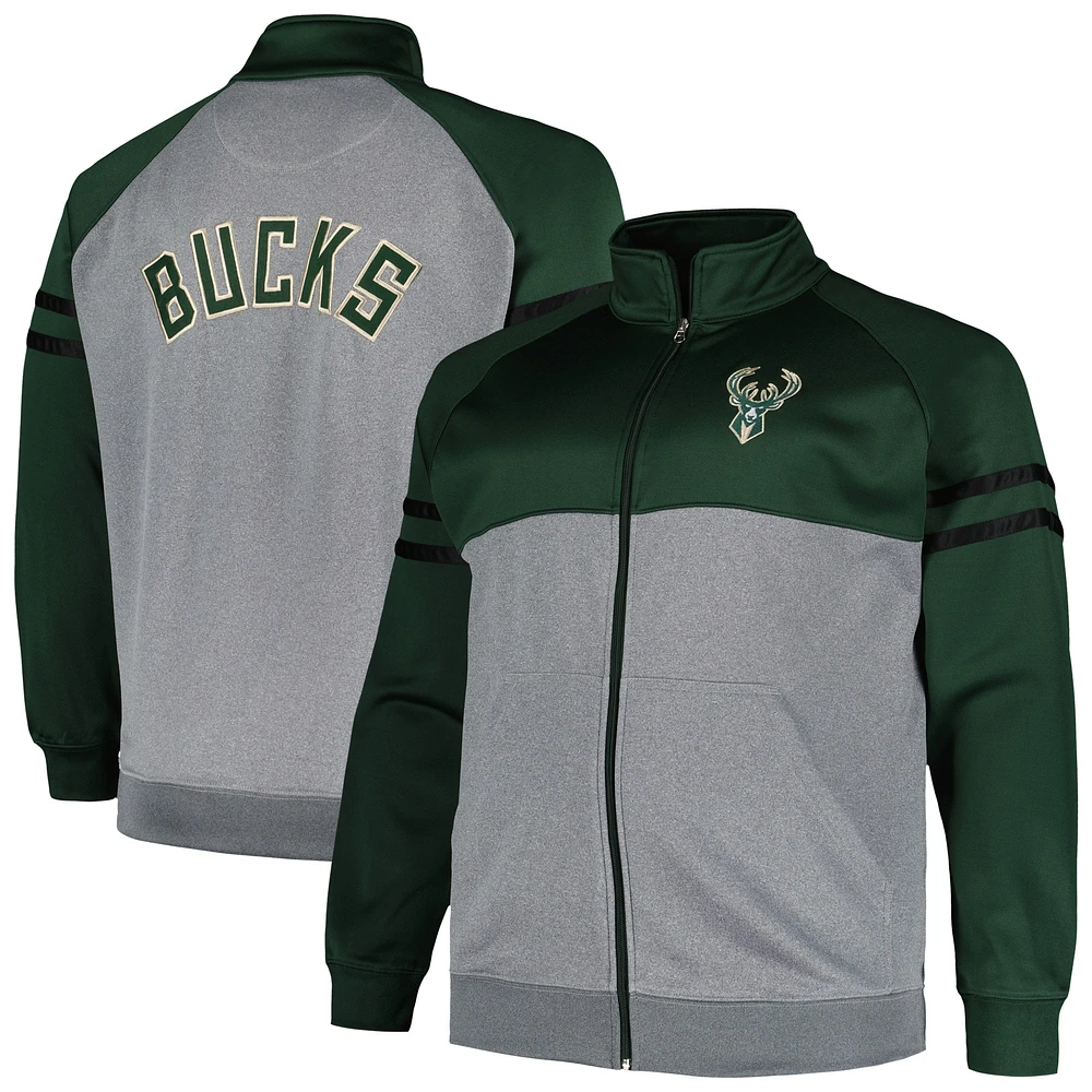 Veste de survêtement entièrement zippée Milwaukee Bucks Fanatics Hunter Green/Heather Grey pour hommes Big & Tall Pieced Stripe Raglan