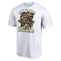 T-shirt blanc Fanatics pour hommes Milwaukee Bucks 2021 NBA Finals Champions Team Caricature Roster