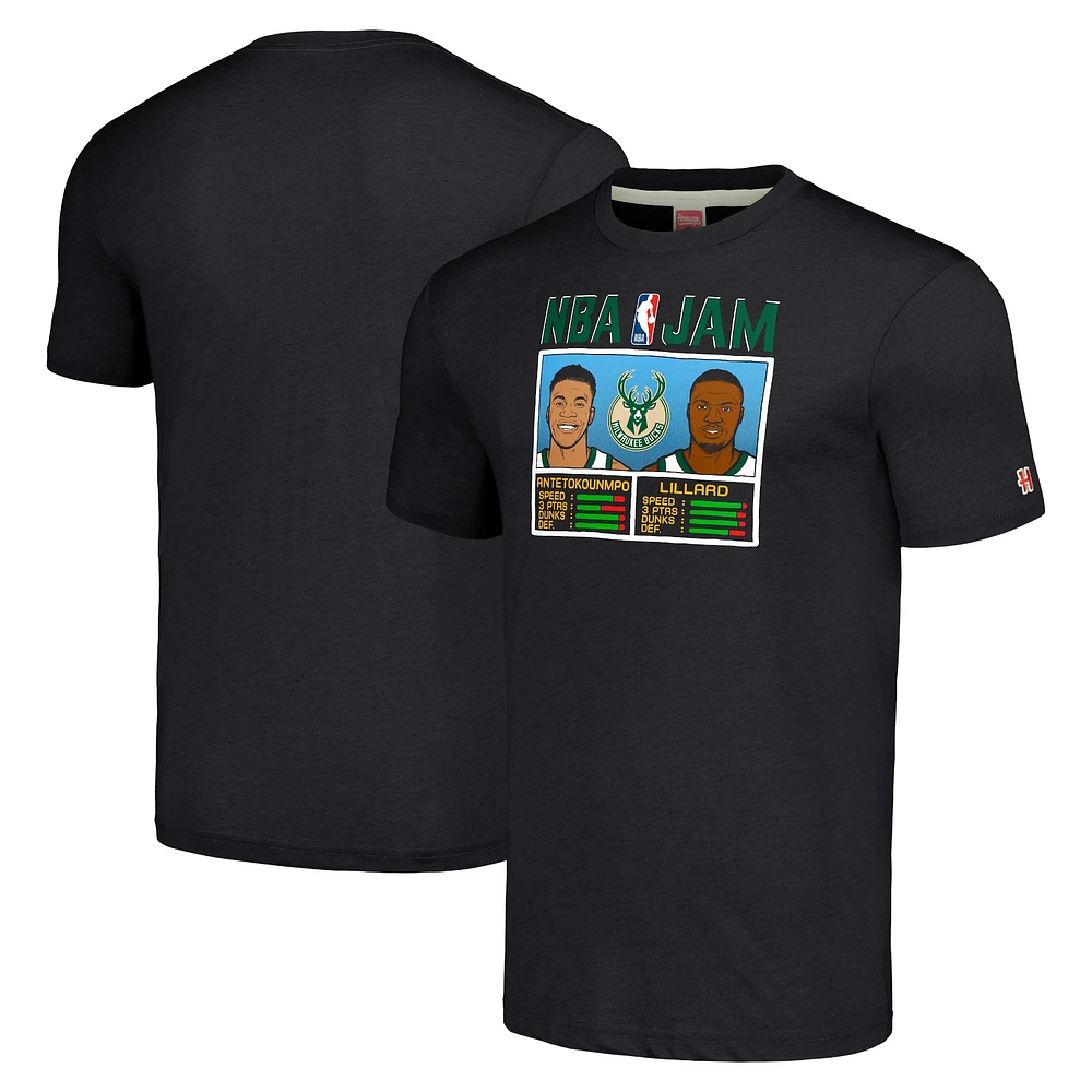 Hommage pour hommes Damian Lillard et Giannis Antetokounmpo Charcoal Milwaukee Bucks NBA Jam Tri-Blend T-shirt