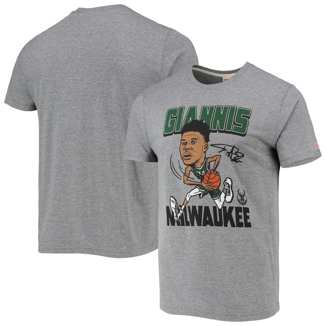 T-shirt à trois mélanges Caricature Milwaukee Bucks Hommage Giannis Antetokounmpo gris chiné pour homme