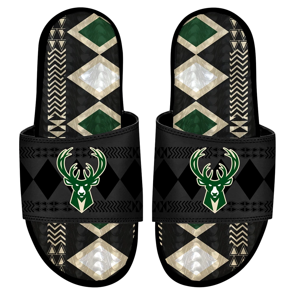 Sandales à enfiler ISlide en gel motif Shooting Touch Rwanda pour homme, noires, Milwaukee Bucks