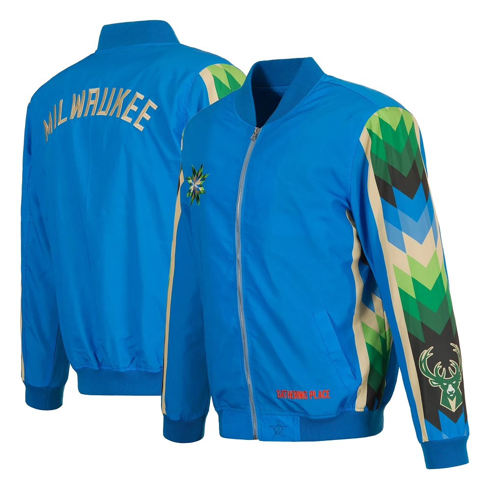 Blouson aviateur en nylon entièrement zippé JH Design pour hommes Milwaukee Bucks 2022/23 City Edition bleu