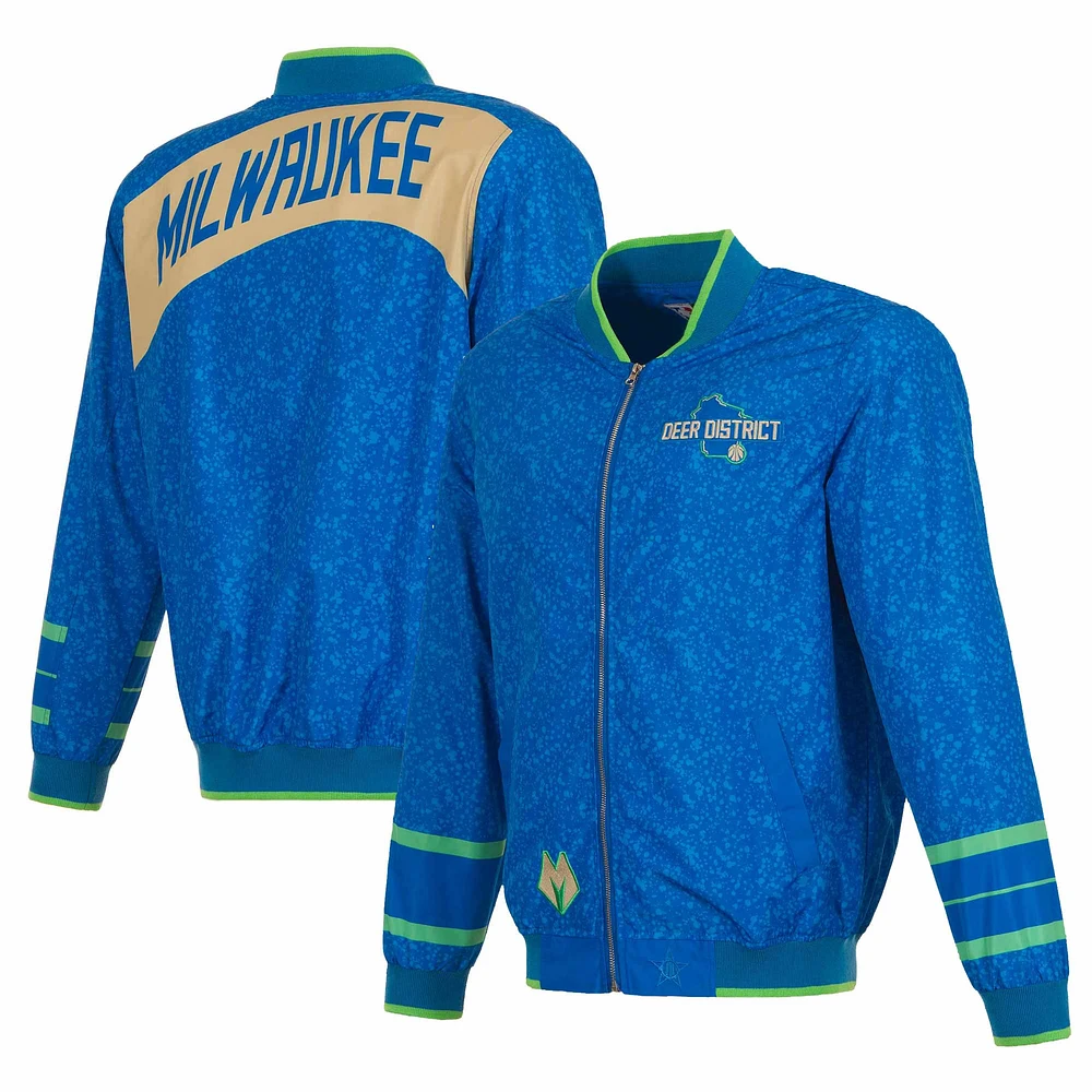 Blouson aviateur entièrement zippé JH Design pour hommes des Milwaukee Bucks 2023/24 City Edition bleu