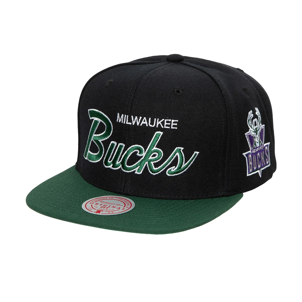 Men's Mitchell & Ness Black Milwaukee Bucks Hardwood Classics MVP Team Script 2.0 Snapback Hat