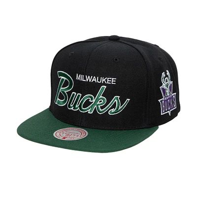 Casquette Snapback 2.0 MVP Team Script 2.0 des Milwaukee Bucks Hardwood Classics de Mitchell & Ness pour homme, noire