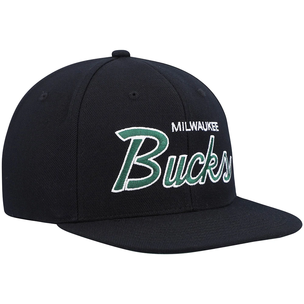 Men's Mitchell & Ness Black Milwaukee Bucks Hardwood Classics Script 2.0 Snapback Hat