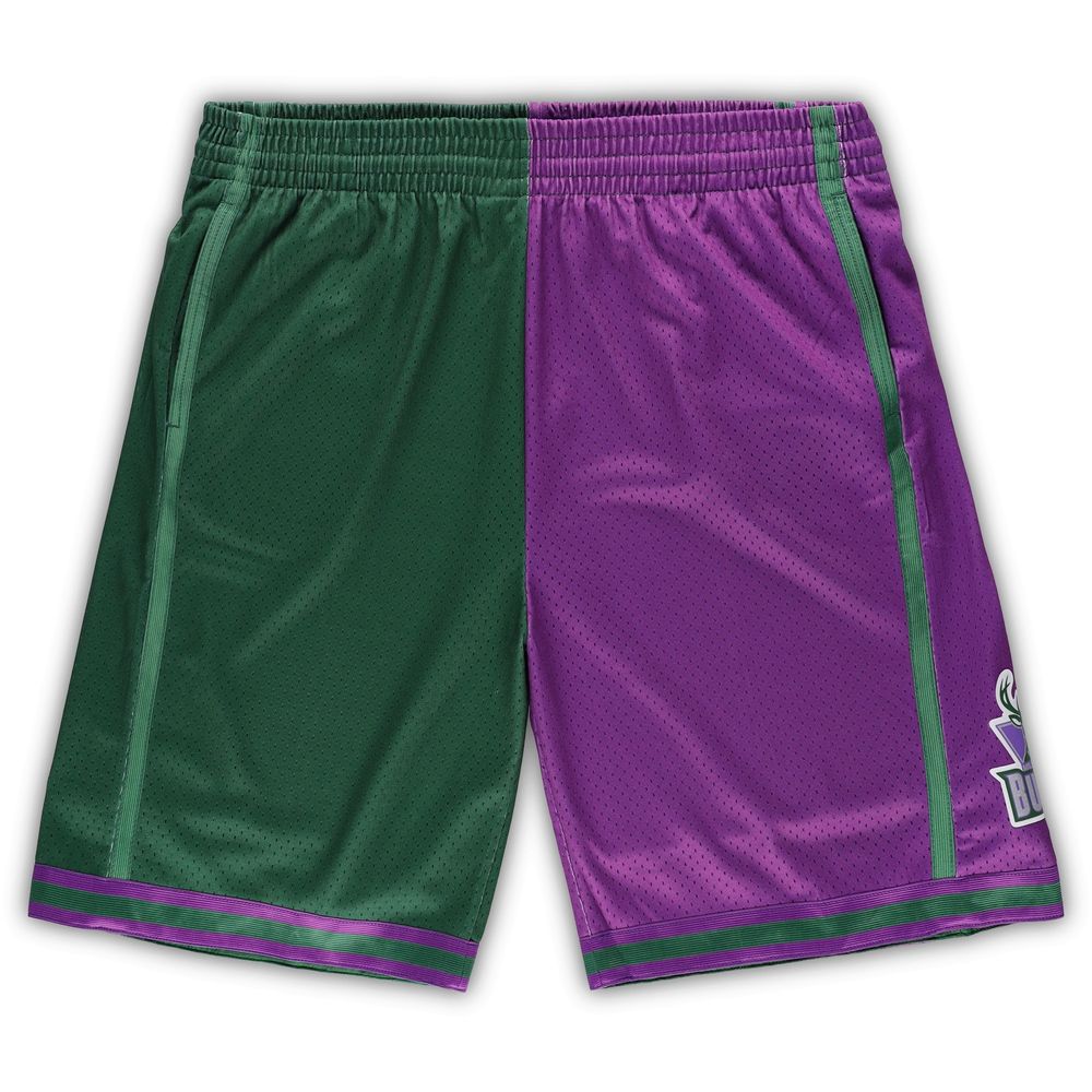 Men's Mitchell & Ness Green/Purple Milwaukee Bucks Big Tall Hardwood Classics Split Swingman Shorts