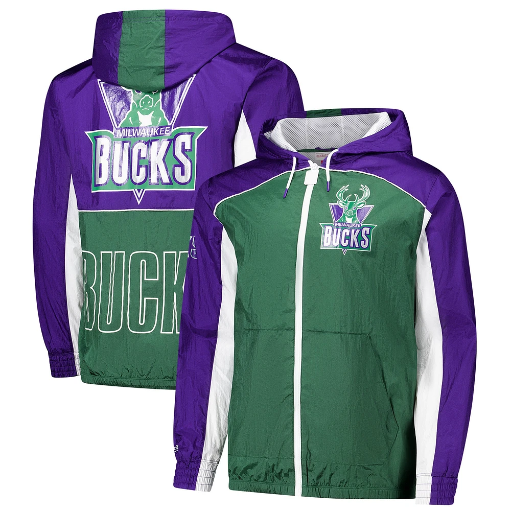 Men's Mitchell & Ness Green/Purple Milwaukee Bucks Hardwood Classics Big Shot Premium Full-Zip Windbreaker Jacket