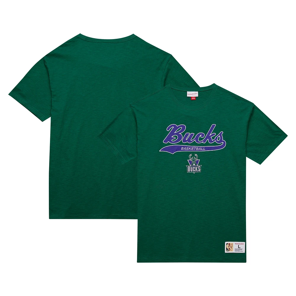 Men's Mitchell & Ness Green Milwaukee Bucks Hardwood Classics Felt Applique Slub T-Shirt