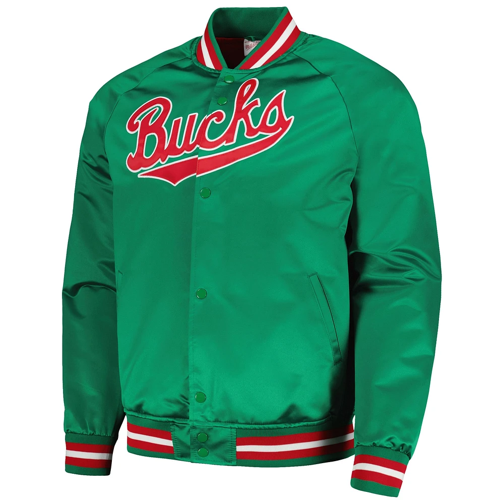 Men's Mitchell & Ness Green Milwaukee Bucks Hardwood Classics Throwback Wordmark Raglan Full-Snap Jacket