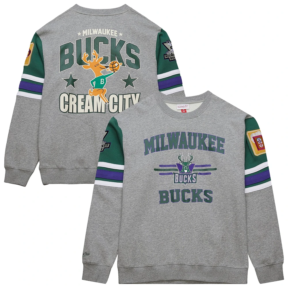 Men's Mitchell & Ness Heather Gray Milwaukee Bucks Hardwood Classics All Over 4.0 Pullover Sweatshirt