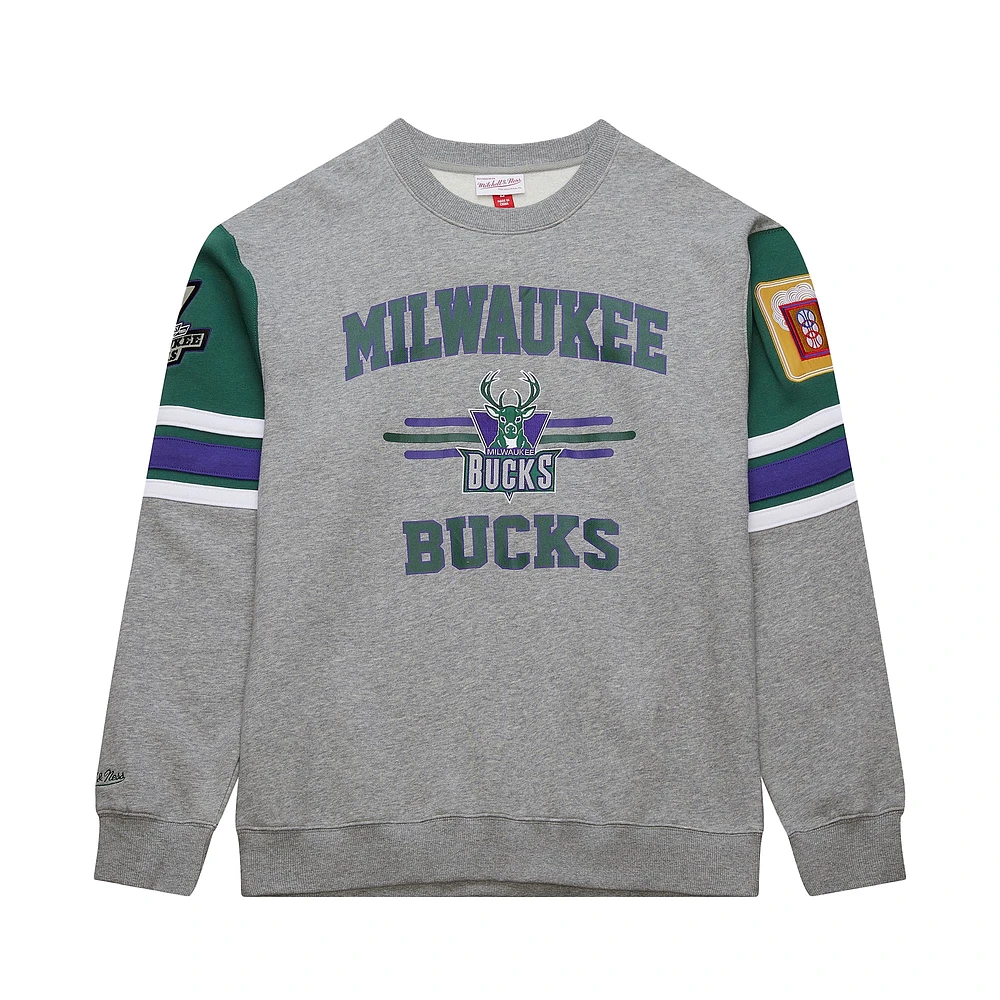 Men's Mitchell & Ness Heather Gray Milwaukee Bucks Hardwood Classics All Over 4.0 Pullover Sweatshirt