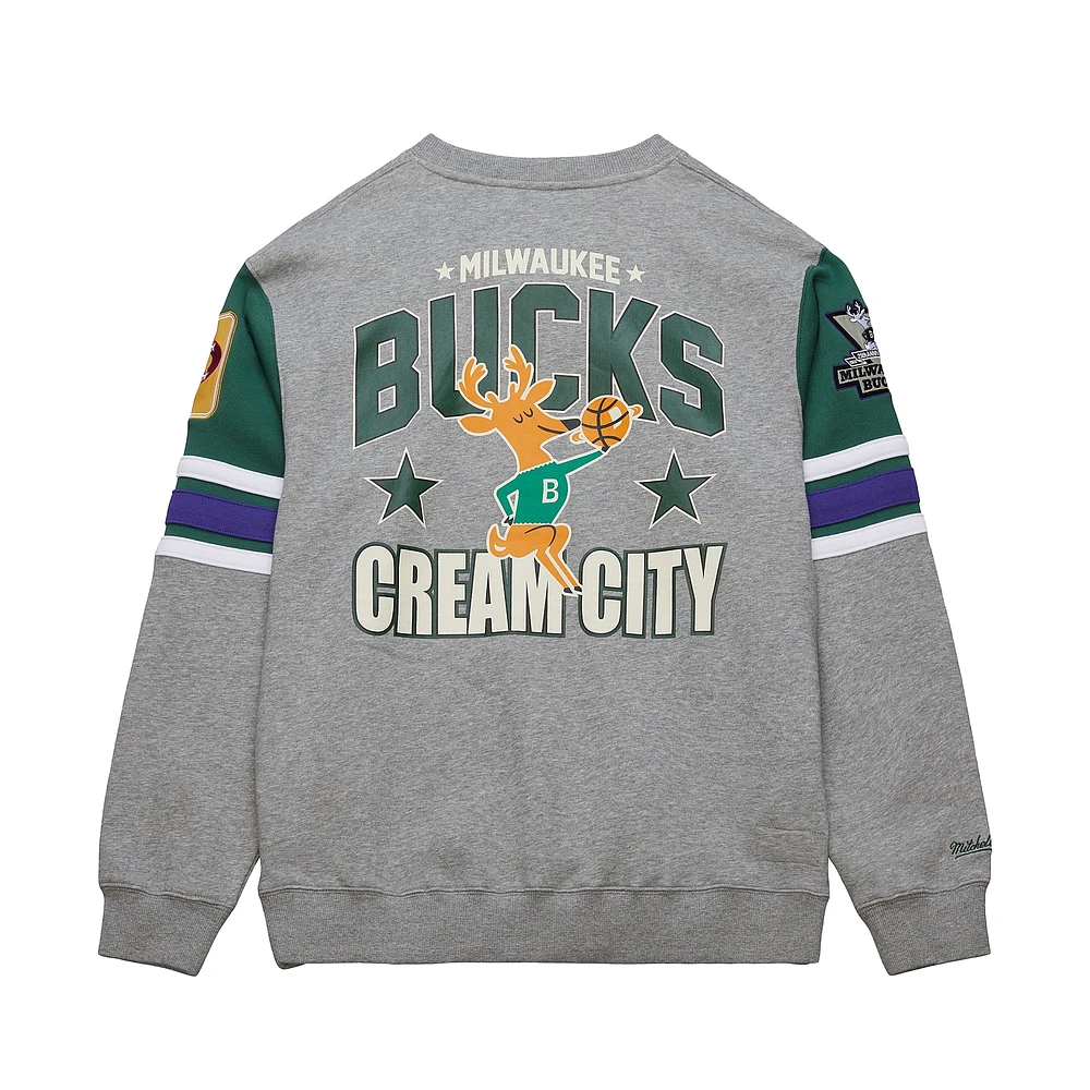 Men's Mitchell & Ness Heather Gray Milwaukee Bucks Hardwood Classics All Over 4.0 Pullover Sweatshirt