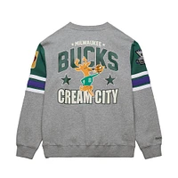 Men's Mitchell & Ness Heather Gray Milwaukee Bucks Hardwood Classics All Over 4.0 Pullover Sweatshirt