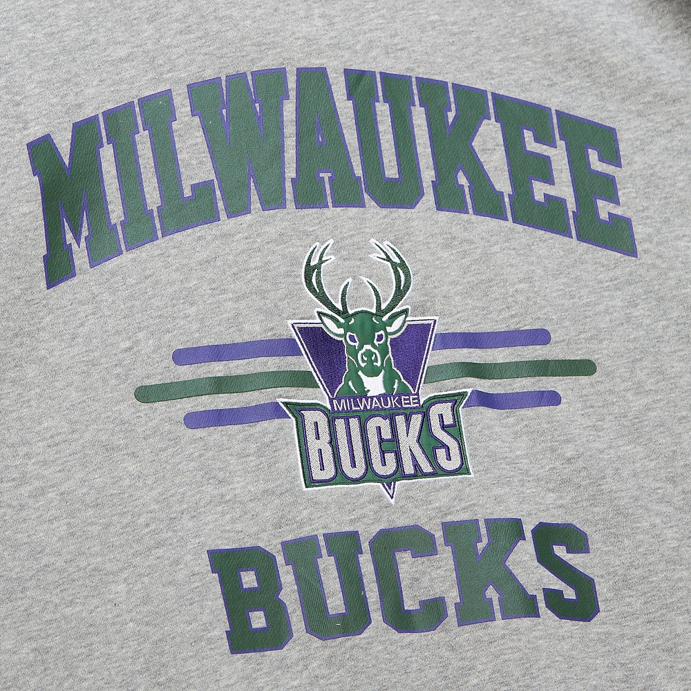 Men's Mitchell & Ness Heather Gray Milwaukee Bucks Hardwood Classics All Over 4.0 Pullover Sweatshirt