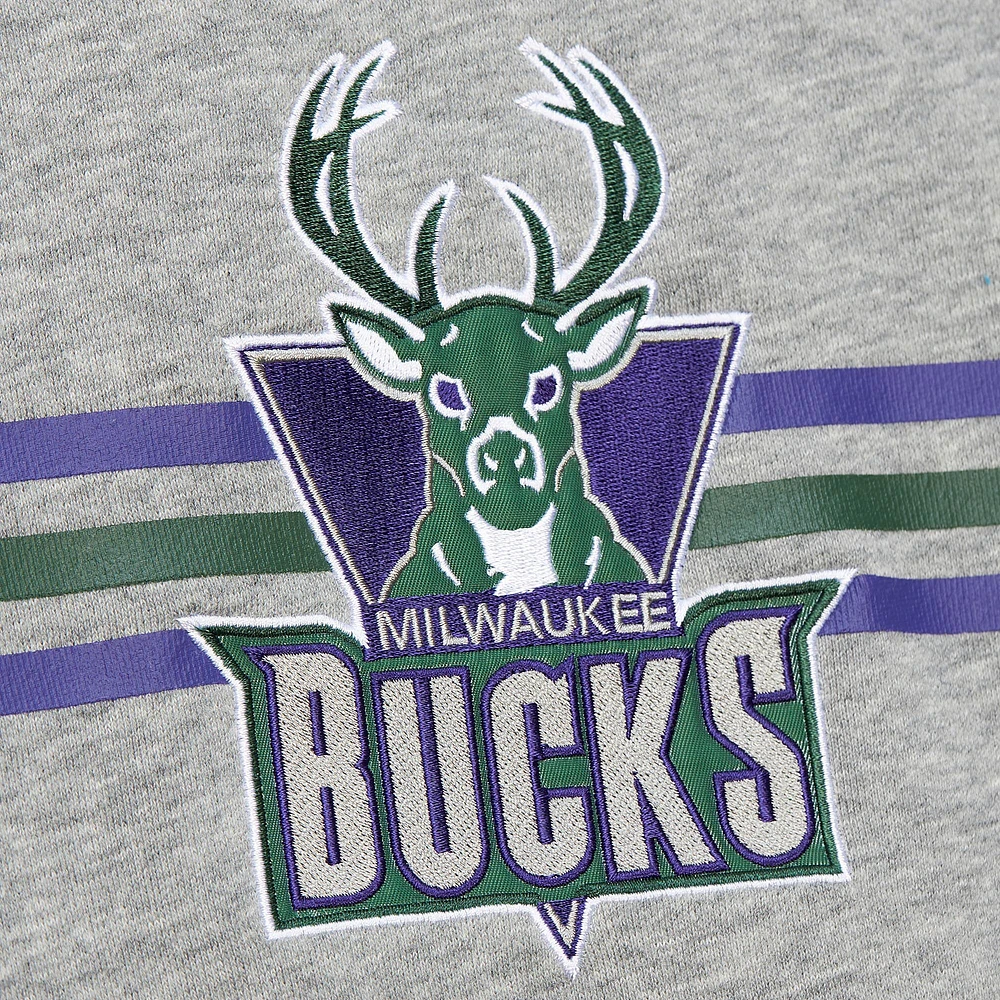 Men's Mitchell & Ness Heather Gray Milwaukee Bucks Hardwood Classics All Over 4.0 Pullover Sweatshirt