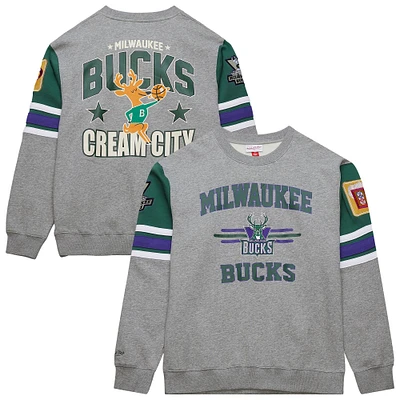 Men's Mitchell & Ness Heather Gray Milwaukee Bucks Hardwood Classics All Over 4.0 Pullover Sweatshirt