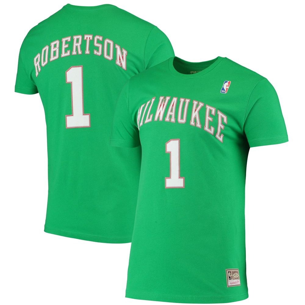 Men's Mitchell & Ness Oscar Robertson Green Milwaukee Bucks Hardwood Classics Stitch Name Number T-Shirt