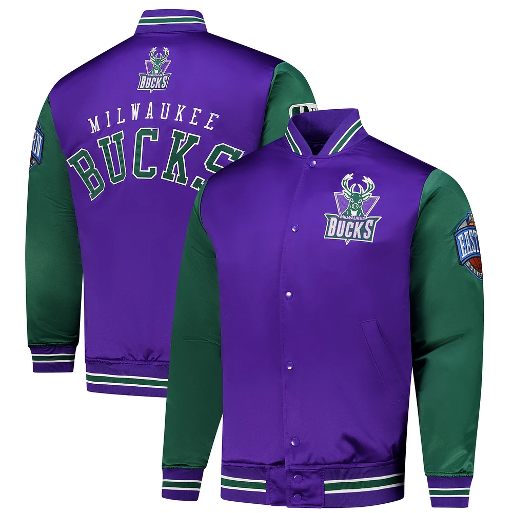 Veste en satin à boutons-pression intégrale Mitchell & Ness pour homme Milwaukee Bucks Hardwood Classic Primetime violet