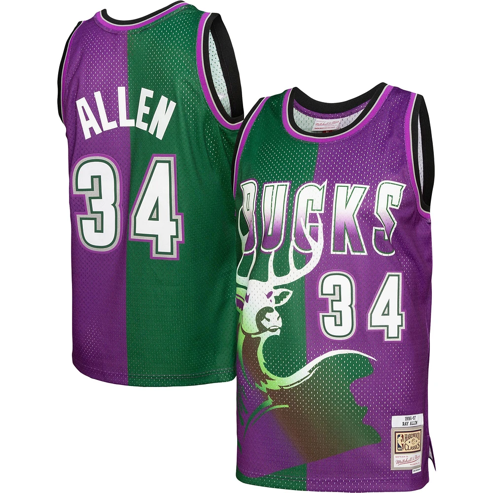 Maillot Mitchell & Ness Ray Allen vert/violet Milwaukee Bucks Hardwood Classics 1996/97 Split Swingman pour hommes