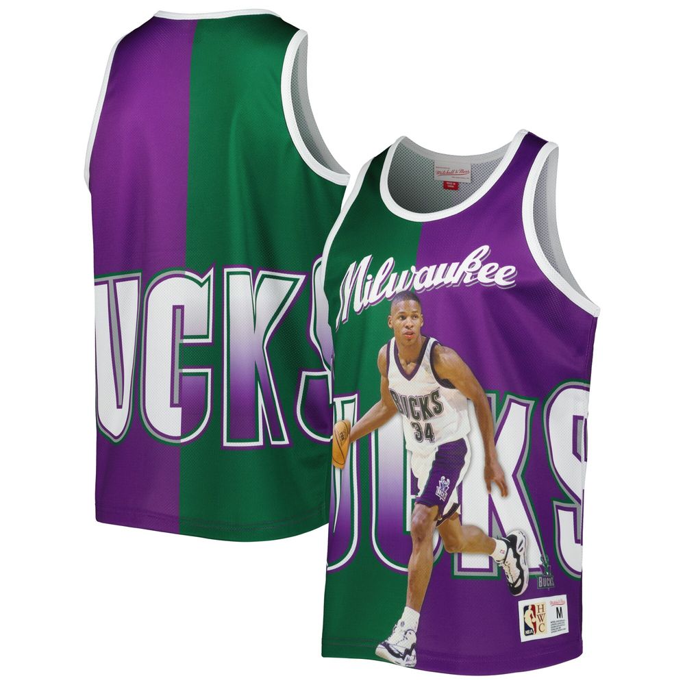 Men's Mitchell & Ness Ray Allen Hunter Green/Purple Milwaukee Bucks Sublimated Player Tank Top