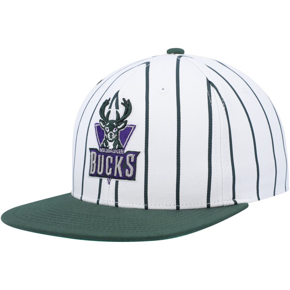 Men's Mitchell & Ness White Milwaukee Bucks Hardwood Classics Pinstripe Snapback Hat