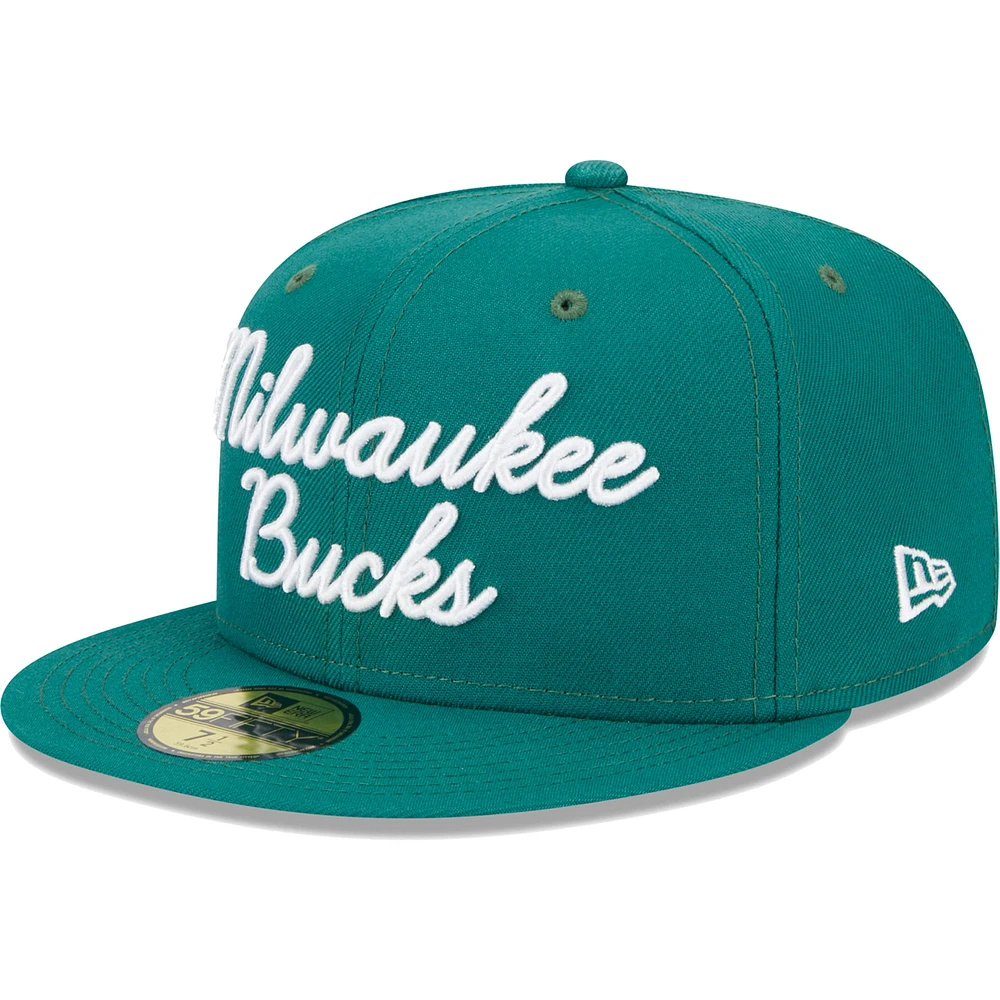 Men's New Era Augusta Green Milwaukee Bucks Script 59FIFTY Fitted Hat